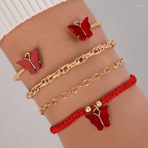 Link-Armbänder, gestricktes rotes Seil, gefaltetes Schmetterlings-Anhänger-Armband, Damenmode, Geometrie, doppelter offener Armreif, 4er-Set