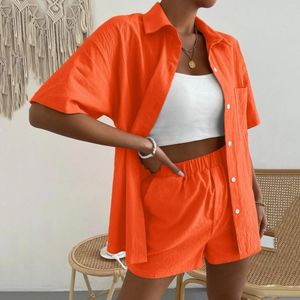 Women's Sleepwear Summer 2 Piece Set Long Sleeve Single-breasted Top Broad-legged Shorts Pajamas Fashion Ladies Sexy Solid Home Suit Outfits