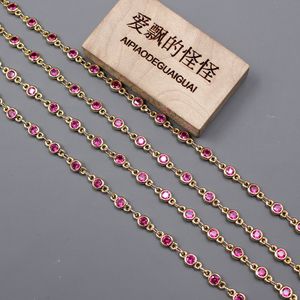 Eyeglasses chains APDGG 1 Meter Bezel Set 4mm Rose Red CZ Yellow Gold Plated Copper Fashion Chain Paperclip Neck Chain Pearl Jewelry Making DIY 230918