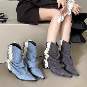 Сапоги, новинка 2023, женская обувь в стиле «ковбой», женские туфли до щиколотки на высоком каблуке с кисточками, синие джинсы, ковбойские ботинки, Botines De Mujer 230914