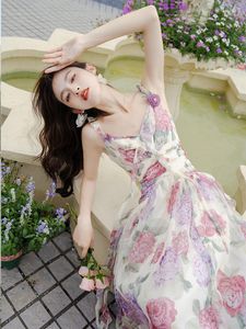 Casual Dresses Summer Chiffon Vestido Printed Fashion Women's Dress Ruffled V-neck Sexy Elegant Robe Romantic French Vintage Fairy Slip