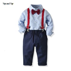 Conjuntos de roupas Top e Moda Meninos Cavalheiro Algodão Camisa de Manga Longa com Bowtie Macacões Outfits Ternos Crianças Roupas 230918