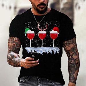 メンズTシャツメンズワイングラスクリスマスハットホワイトブラックシャツクリスマスギフト漫画トップスTシャツハラジュクファッション年Tシャツ