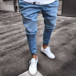 Mäns jeans herrar super mager ljusblå jeans modedesigner veckade panelerade denim joggar tvättade stretch cykler blyerts byxor trousres l230918