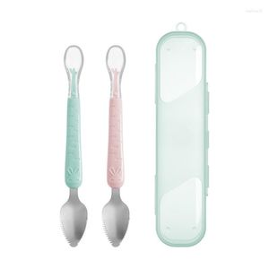 Cucchiai Cucchiaio per l'alimentazione del bambino Raschiatore in acciaio inossidabile Utensile per stoviglie per neonati morbido in silicone con scatola Posate per bambini per bambini