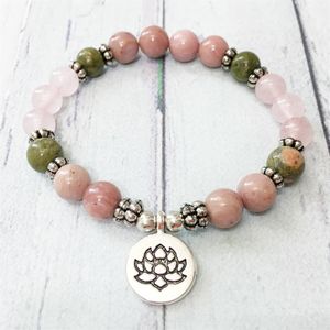 MG0510 8 MM Rose Quartz Lotus Armband Naturligt Unakite Energy Protection Armband Rhodonite Balance Yoga Armband för kvinnor2619