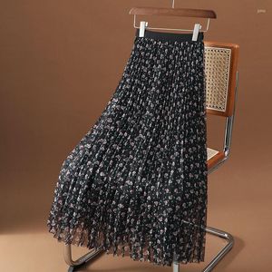 Kjolar koreanska långa mesh kjol sommar veckade eleganta vintage kvinnor elastisk chiffong blommig boho midi a-line tryck