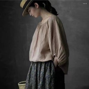 Kvinnors blusar Johnature Japanese Linen Lace Back Tie Shirts Women Summer Mori Loose Casual Tops Solid Color Simple Female