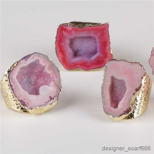 Band Rings big gold rose pink pink color geode stone slice charm adjust open hammered ring cuff for woman man R230918