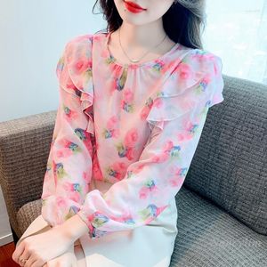 Women's Blouses Super Fairy Ruffled Floral Chiffon Shirt Autumn Clothing 2023 Loose Youthful-Looking Long Sleeve And Tops