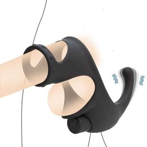 Erwachsene Massagegerät Vibrierender Doppel-Penisring Hodensackstimulator Keuschheitskäfig Hodenknechtschaft Vibratoren Verzögerung der Ejakulation Hahn