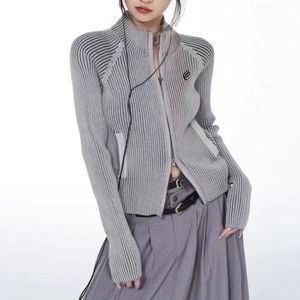 Women's Knits Tees s Grey Vintage Zipper Cardigan Women Embroidery Y2k Aesthetic Grunge Sweater Short Jackets Basic Female Slim Knitted Coats Femme 230918