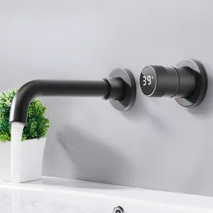 Badezimmer-Waschtischarmaturen, Pistolengrau/Schwarz, Messing-Wasserhahn, verstecktes digitales Display-Design, Einhand-2-Loch-kaltes Dual-Control-Waschbecken