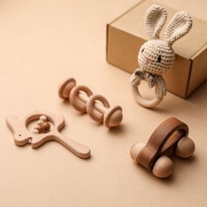 Mobiles# 4PC Baby Toys Wooden Rattle Animal Crochet Teether Set Baby Toys 0 6 Months Rattles for Kids Montessori Products Born Gifts 230919