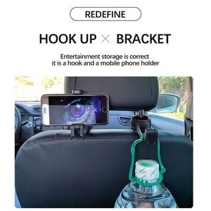 New 2 in 1 Car Headrest Hook with Phone Holder Seat Back Hanger for Bag Handbag Purse Grocery Cloth Foldble Clips Organizer273S