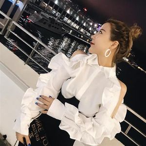 New design fashion women's turn down color solid color ruffles patchwork off shoulder zipper long sleeve blouse shirt tops229S