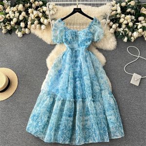 Casual Dresses Summer New Women Square Neck Puff Sleeve Floral Dress Blue Orange Mid-Length Organza Dresses Sweet Evening Party Dr317j