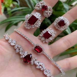 Pure 925 Sterling Silver Jewelry Set For Women Red Ruby Gemstone Natural Jewelry Set Bracelet Ring Earrings Party Jewelry Set301S