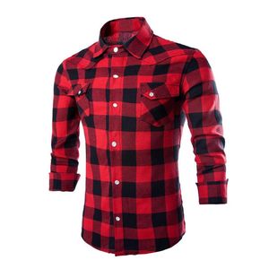 Цельно-мужские модные повседневные клетчатые рубашки с длинным рукавом и отложным воротником, облегающие модные рубашки, топы, черный, красный, белый XXL272t