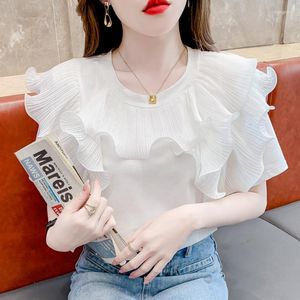 Kvinnors T -skjortor Fashion Summer Ruffle Top Short Sleeve Flying Ruffles Cotton Shirt Women Solid O Neck Design White Tees Tops Korean Chic