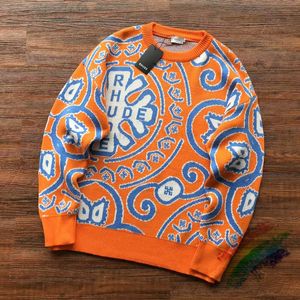 Suéteres masculinos laranja malha jacquard suéter homens mulheres 1/1 qualidade superior 2023fw casual o-pescoço moletom t230919