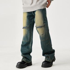 Jeans da uomo streetwear tasche con cerniera lavate pantaloni larghi Y2k pantaloni in denim elastici in vita patchwork per uomo e donna oversize