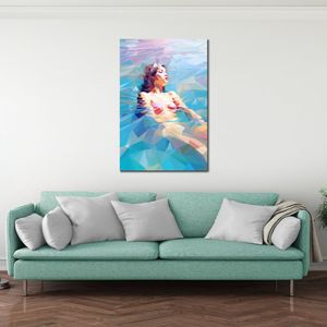 Abstract Bikini Nude Woman in the Pool Oil Painting Picture Print on Canvas Post for Bath Wash Room Wall Decor