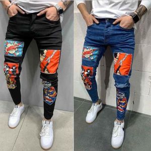 Skinny Jeans Men's Fashion High Street Denim Pencli Pants Man Cartoon Character Patch Trousers Male W1923202S