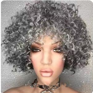 Shot gray human hair wig silver salt and pepper afro kinky curly with bang fringe none lace wear and go glueless wig for black women