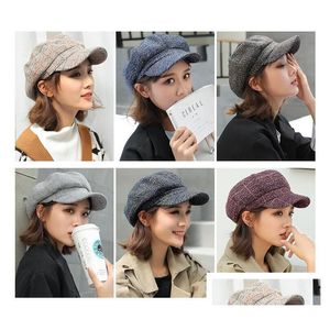 New Women Beret Octagonal Hats Worsted Plaid Newsboy Caps Short Eaves Dome Leisure Style Autumn And Winter For Lady Drop Delivery Dh1Uk