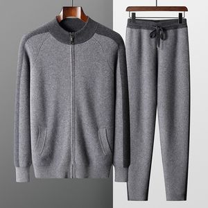 Men's Tracksuits 100% Goat Cashmere Two-piece Men's Knitting Stand Neck Cardigan Autumn Winter Thickened Slim-fit Pants Color Contrast Warm Suit 230918