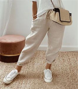 Kvinnor Pants S 2023 Autumn Cotton Linen Svartfickor Lace Up Loose Trousers Female Casual Elegant Fashion Office Ladies Bottom 230919