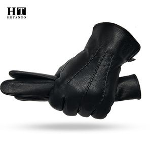 5本の指の手袋冬のメンズレザーグローブ暖かい柔らかい黒い縫製デザインミテンズキンバックスキングローブを模倣するウールの裏地230818