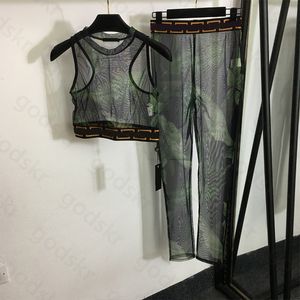 Sexy Breathable Vest Pants Women Tracksuit Fashion Sleeveless Vest Elastic Waist Stretch Leggings Yoga Fitness Tops Trousers Set