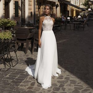 Elegantes Spitzenhalter-Hochzeitsgastkleid Sexy rückenfreies Hochzeitskleid für die Braut Chiffon Sweep Train Hochzeit Brautkleid