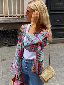 Malhas femininas colorido malha oco para fora manga longa cardigan oversized solto aberto frente colheita camisola 2023 outono chique casual