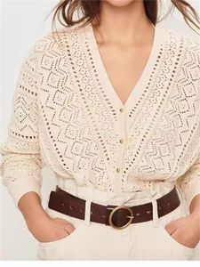 Women's Knits Women Geometric Crochet Hollow Out Cardigan Early Autumn 2023 Ladies V-Neck Long Sleeve Single Breasted Sweet Pullover Tops