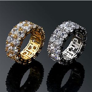 Erkek 2 sıra buzlu 360 Eternity Gold Bling Halkaları Mikro Pave Kübik Zirkonya 18K Altın Kaplamalı Simüle Simüle Elmaslar Hip Hop Halkası G268V