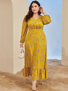 Plus size Dresses Size Women Elegant Party Evening Maxi 2023 Spring Autumn Yellow Long Sleeve Casual Floral Print Formal Clothing 230919