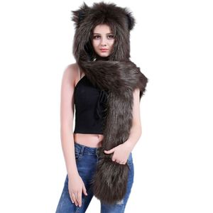 3 In 1 Damen Herren Flauschiges Plüschtier Wolf Leopard Kapuzenschal Mütze mit Pfoten Fäustlinge Handschuhe Verdickung Winter Warm Earflap Bomber Cap