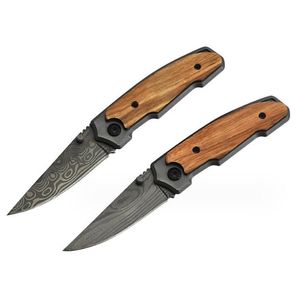 Coltello a lama pieghevole in acciaio portatile Manico in legno Modello Damasco Coltello da caccia ad alta durezza Coltelli da tasca di sopravvivenza da campeggio all'aperto