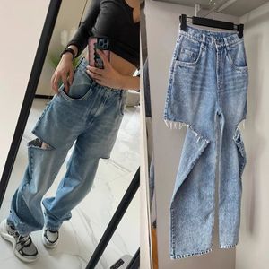 Women's Jeans 23ss Mm6 Margiela Washed Blue Knife Cut Hole Trousers High Street Fashion MM6 Denim Pants