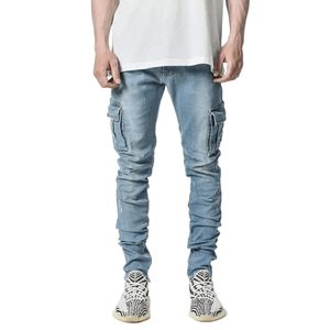Jeans masculinos lado mulit bolsos elásticos joggers jeans homens skinny denim calças de carga streetwear slim fit pantalones hombre macio y2k roupas 230918