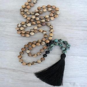 Anhänger Halsketten 108 Mala Perlenkette Afrikanischer Türkis Onyx Handgeknüpftes Herrengebet Yoga Meditation266T