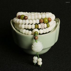 Collana a filo Catena a mano femminile Ciondolo di loto Bracciale Bodhi Braccialetti di perline Braccialetti di giada bianca stile cinese