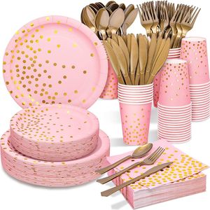 Decorative Objects Figurines 70pcs Bronzing Pink Dot Party Decoration Disposable Tableware Peper Cup Plate for Children's Birthday Adult's Wedding Supplies 230919