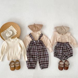 Pullover Autumn Girl Plaid Overalls Kid Casual Shorts Boy Barn Sticked Solid Fashion Sweater Born Cotton Lotus Collar Tops 230918