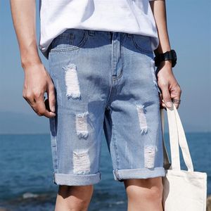 Nya avslappnade män shorts kläder rippade hål blå korta jeans byxa män knä längd denim bomull pojkar sommar jeans shorts man235b