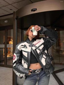 Женские куртки, куртка-бомбер, женская кожаная университетская гоночная мотоциклетная куртка в американском стиле Oversize, винтажное бейсбольное пальто с длинными рукавами