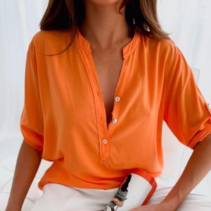 Blusas femininas elegantes blusa de verão manga curta botões meia carcela respirável casual solto camisa superior
